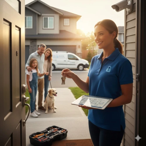 Professional residential locksmith working on a front door lock