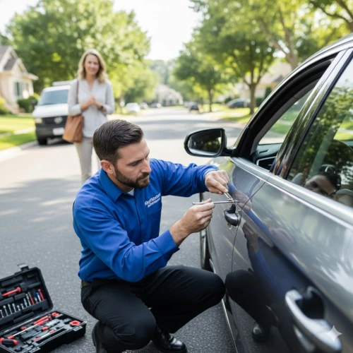 Professional automotive locksmith unlocking a car door