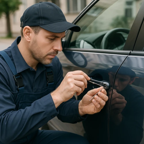 Professional automotive locksmith unlocking a car door