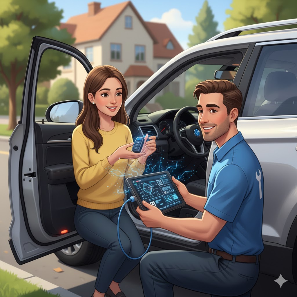 Automotive locksmith programming a modern car key fob next to a vehicle