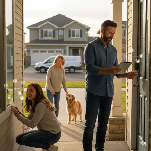Homeowner checking front door lock and deadbolt as part of a weekend home security checklist