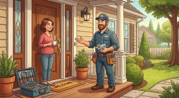 Professional locksmith talking with a homeowner at the front door