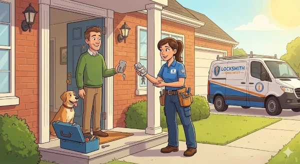 Professional locksmith talking with a homeowner at the front door